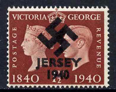 Jersey 1940 Swastika opt on Great Britain KG6 Centenary 1.5d produced during the German Occupation but unissued due to local feelings. This is a copy of the overprint on a genuine stamp with forgery handstamped on the back, unmounted mint on presentation card., stamps on , stamps on  stamps on forgery, stamps on  stamps on  kg6 , stamps on  stamps on  ww2 , stamps on  stamps on 