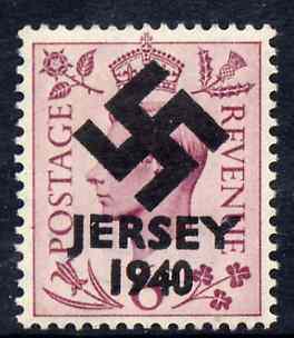 Jersey 1940 Swastika opt on Great Britain KG6 6d purple produced during the German Occupation but unissued due to local feelings. This is a copy of the overprint on a genuine stamp with forgery handstamped on the back, unmounted mint in presentation folder., stamps on , stamps on  stamps on forgery, stamps on  stamps on  kg6 , stamps on  stamps on  ww2 , stamps on  stamps on 