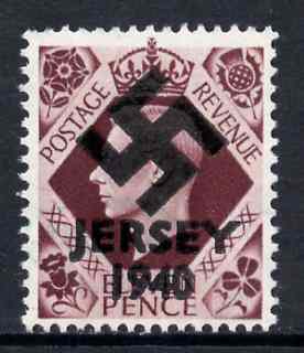 Jersey 1940 Swastika opt on Great Britain KG6 11d plum - a copy of the overprint on a genuine stamp with forgery handstamped on the back, unmounted mint in presentation folder.  Note this value was not available in 1940 but is included here for interest., stamps on , stamps on  stamps on forgery, stamps on  stamps on  kg6 , stamps on  stamps on  ww2 , stamps on  stamps on 