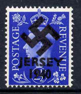 Jersey 1940 Swastika opt on Great Britain KG6 2.5d ultramarine produced during the German Occupation but unissued due to local feelings. This is a copy of the overprint on a genuine stamp with forgery handstamped on the back, unmounted mint in presentation folder., stamps on forgery, stamps on  kg6 , stamps on  ww2 , stamps on 