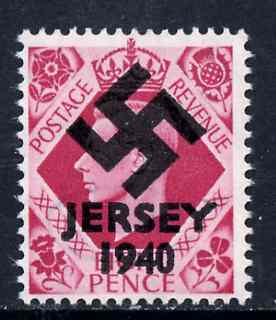 Jersey 1940 Swastika opt on Great Britain KG6 8d brt carmine produced during the German Occupation but unissued due to local feelings. This is a copy of the overprint on a genuine stamp with forgery handstamped on the back, unmounted mint in presentation folder., stamps on , stamps on  stamps on forgery, stamps on  stamps on  kg6 , stamps on  stamps on  ww2 , stamps on  stamps on 