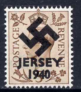 Jersey 1940 Swastika opt on Great Britain KG6 5d brown produced during the German Occupation but unissued due to local feelings. This is a copy of the overprint on a genuine stamp with forgery handstamped on the back, unmounted mint in presentation folder., stamps on , stamps on  stamps on forgery, stamps on  stamps on  kg6 , stamps on  stamps on  ww2 , stamps on  stamps on 