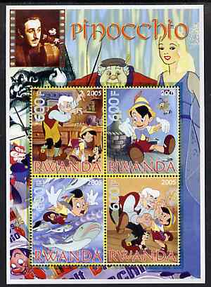 Rwanda 2005 Disneys Pinocchio perf sheetlet containing 4 values unmounted mint, stamps on disney, stamps on puppets