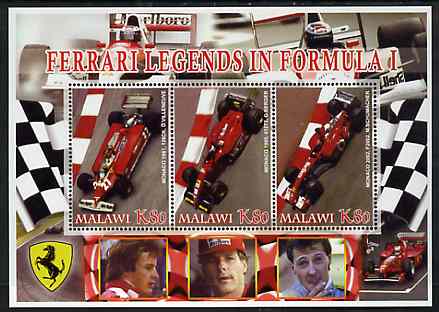 Malawi 2005 Ferrari Legends in Formula 1 #2 perf sheetlet containing 3 values unmounted mint, stamps on , stamps on  stamps on cars, stamps on  stamps on ferrari, stamps on  stamps on  f1 , stamps on  stamps on racing cars