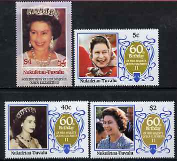 Tuvalu - Nukufetau 1986 Queen Elizabeth 60th Birthday set of 4 unmounted mint, stamps on royalty     60th birthday