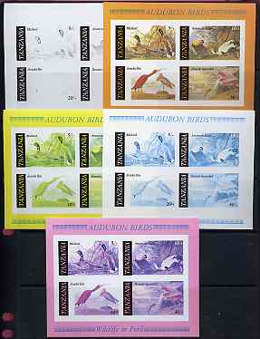 Tanzania 1986 John Audubon Birds imperf m/sheet (SG MS 468) set of 5 unmounted mint imperf progressive colour proofs incl all 4 colours (as SG 467), stamps on , stamps on  stamps on audubon, stamps on  stamps on birds, stamps on  stamps on ducks, stamps on  stamps on mallard, stamps on  stamps on eider, stamps on  stamps on ibis, stamps on  stamps on spoonbill