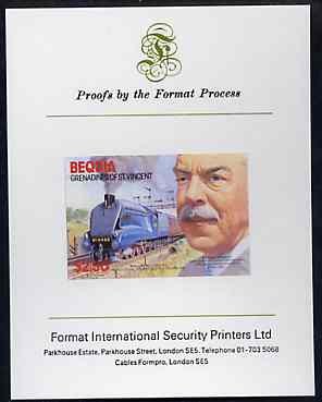 St Vincent - Bequia 1986 Locomotives & Engineers (Leaders of the World) $2.50 (Sir Nigel Gresley & Mallard) imperf proof mounted on Format International proof card, stamps on , stamps on  stamps on railways    engineers, stamps on  stamps on scots, stamps on  stamps on scotland