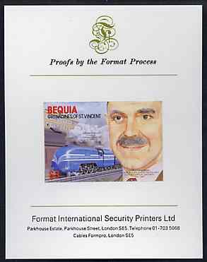 St Vincent - Bequia 1986 Locomotives & Engineers (Leaders of the World) $3.00 (Sir William Stanier & Coronation) imperf proof mounted on Format International proof card, stamps on railways    engineers