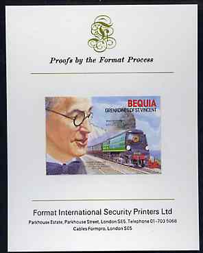 St Vincent - Bequia 1986 Locomotives & Engineers (Leaders of the World) $4.00 (Oliver Bullied & Battle of Britain Class) imperf proof mounted on Format International proof card, stamps on , stamps on  stamps on railways    engineers