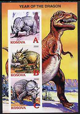 Kosova 2000 Dinosaurs (Year of the Dragon) imperf sheetlet containing set of 3 values unmounted mint, stamps on , stamps on  stamps on dinosaurs, stamps on  stamps on dragons