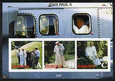Kosova 2000 Pope John Paul II #1 imperf sheetlet containing set of 3 values unmounted mint, stamps on , stamps on  stamps on religion, stamps on  stamps on pope, stamps on  stamps on personalities