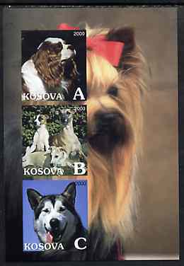 Kosova 2000 Dogs imperf sheetlet containing set of 3 values unmounted mint, stamps on , stamps on  stamps on dogs