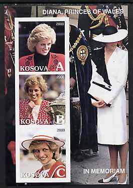 Kosova 2000 Diana, Princess of Wales in Memoriam imperf sheetlet containing set of 3 values unmounted mint, stamps on royalty, stamps on diana