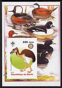 Benin 2005 Dinosaurs #01 - Phorusrhacus inflatus imperf m/sheet with Scout & Rotary Logos, background shows various Ducks unmounted mint, stamps on , stamps on  stamps on scouts, stamps on  stamps on rotary, stamps on  stamps on dinosaurs, stamps on  stamps on birds, stamps on  stamps on ducks