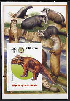 Benin 2005 Dinosaurs #02 - Bagaceraptor imperf m/sheet with Scout & Rotary Logos, background shows Badgers, Otters & Beavers unmounted mint, stamps on , stamps on  stamps on scouts, stamps on  stamps on rotary, stamps on  stamps on dinosaurs, stamps on  stamps on animals