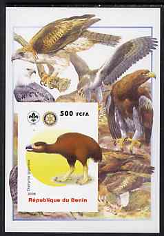 Benin 2005 Dinosaurs #03 - Diatryma gigantea imperf m/sheet with Scout & Rotary Logos, background shows various Birds of Prey unmounted mint, stamps on , stamps on  stamps on scouts, stamps on  stamps on rotary, stamps on  stamps on dinosaurs, stamps on  stamps on birds, stamps on  stamps on birds of prey, stamps on  stamps on 