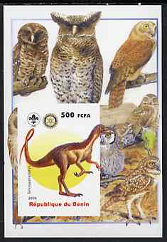 Benin 2005 Dinosaurs #04 - Sinosauropteryx imperf m/sheet with Scout & Rotary Logos, background shows various Owls unmounted mint, stamps on , stamps on  stamps on scouts, stamps on  stamps on rotary, stamps on  stamps on dinosaurs, stamps on  stamps on birds, stamps on  stamps on birds of prey, stamps on  stamps on owls