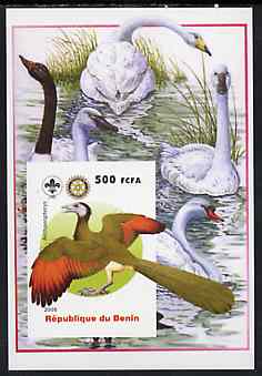 Benin 2005 Dinosaurs #06 - Archaeopterys imperf m/sheet with Scout & Rotary Logos, background shows various Geese & Swans unmounted mint, stamps on scouts, stamps on rotary, stamps on dinosaurs, stamps on birds, stamps on swans