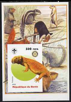 Benin 2005 Dinosaurs #08 - Robertia imperf m/sheet with Scout & Rotary Logos, background shows Squirrels, etc unmounted mint, stamps on , stamps on  stamps on scouts, stamps on  stamps on rotary, stamps on  stamps on dinosaurs, stamps on  stamps on animals, stamps on  stamps on squirrels