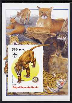 Benin 2005 Dinosaurs #09 - Thylacoleo imperf m/sheet with Scout & Rotary Logos, background shows various Big Cats unmounted mint, stamps on scouts, stamps on rotary, stamps on dinosaurs, stamps on animals, stamps on cats, stamps on lions