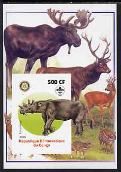 Congo 2005 Dinosaurs #03 - Eobasileus imperf m/sheet with Scout & Rotary Logos, background shows various Deer unmounted mint, stamps on , stamps on  stamps on scouts, stamps on  stamps on rotary, stamps on  stamps on dinosaurs, stamps on  stamps on animals, stamps on  stamps on deer