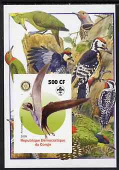 Congo 2005 Dinosaurs #05 - Anurognathus imperf m/sheet with Scout & Rotary Logos, background shows various Woodpeckers unmounted mint, stamps on , stamps on  stamps on scouts, stamps on  stamps on rotary, stamps on  stamps on dinosaurs, stamps on  stamps on animals, stamps on  stamps on birds, stamps on  stamps on woodpeckers