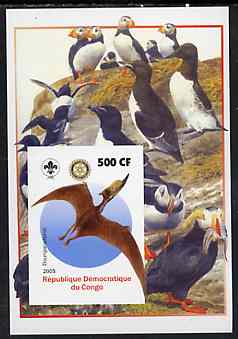 Congo 2005 Dinosaurs #06 - Dsungaripterus imperf m/sheet with Scout & Rotary Logos, background shows Puffins & other sea Birds unmounted mint, stamps on , stamps on  stamps on scouts, stamps on  stamps on rotary, stamps on  stamps on dinosaurs, stamps on  stamps on animals, stamps on  stamps on birds, stamps on  stamps on puffins