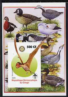 Congo 2005 Dinosaurs #07 - Dimorphodon imperf m/sheet with Scout & Rotary Logos, background shows various Ducks unmounted mint, stamps on , stamps on  stamps on scouts, stamps on  stamps on rotary, stamps on  stamps on dinosaurs, stamps on  stamps on animals, stamps on  stamps on birds, stamps on  stamps on ducks