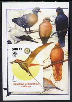 Congo 2005 Dinosaurs #08 - Sordes imperf m/sheet with Scout & Rotary Logos, background shows various Pigeons unmounted mint, stamps on , stamps on  stamps on scouts, stamps on  stamps on rotary, stamps on  stamps on dinosaurs, stamps on  stamps on animals, stamps on  stamps on birds, stamps on  stamps on pigeons