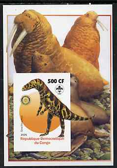 Congo 2005 Dinosaurs #10 - Gracilisuchus imperf m/sheet with Scout & Rotary Logos, background shows Walrus, unmounted mint, stamps on , stamps on  stamps on scouts, stamps on  stamps on rotary, stamps on  stamps on dinosaurs, stamps on  stamps on animals, stamps on  stamps on 