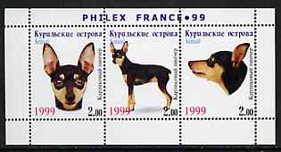 Kuril Islands 1999 Philex France Stamp Exhibition - Dogs #05 (Manchester Terrier) perf sheetlet containing 3 values unmounted mint, stamps on , stamps on  stamps on stamp exhibitions, stamps on  stamps on dogs