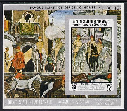 Aden - Quaiti 1967 Horses by Del Cossa imperf miniature sheet unmounted mint Mi 19B, stamps on arts  horses