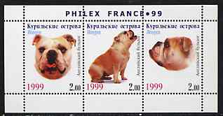 Kuril Islands 1999 Philex France Stamp Exhibition - Dogs #10 (Bulldog) perf sheetlet containing 3 values unmounted mint, stamps on , stamps on  stamps on stamp exhibitions, stamps on  stamps on dogs