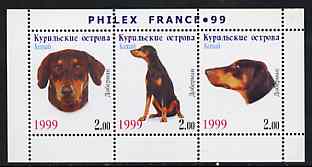 Kuril Islands 1999 Philex France Stamp Exhibition - Dogs #11 (Dobermann Pinscher) perf sheetlet containing 3 values unmounted mint, stamps on , stamps on  stamps on stamp exhibitions, stamps on  stamps on dogs