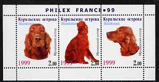 Kuril Islands 1999 Philex France Stamp Exhibition - Dogs #13 (Red Setter) perf sheetlet containing 3 values unmounted mint, stamps on stamp exhibitions, stamps on dogs