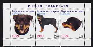 Kuril Islands 1999 Philex France Stamp Exhibition - Dogs #14 (Rottweiler) perf sheetlet containing 3 values unmounted mint, stamps on , stamps on  stamps on stamp exhibitions, stamps on  stamps on dogs, stamps on  stamps on rottweiler