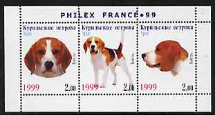 Kuril Islands 1999 Philex France Stamp Exhibition - Dogs #16 (Beagle) perf sheetlet containing 3 values unmounted mint, stamps on stamp exhibitions, stamps on dogs
