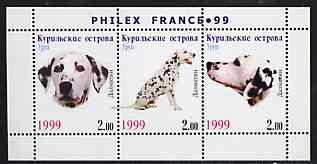 Kuril Islands 1999 Philex France Stamp Exhibition - Dogs #18 (Dalmation) perf sheetlet containing 3 values unmounted mint, stamps on , stamps on  stamps on stamp exhibitions, stamps on  stamps on dogs