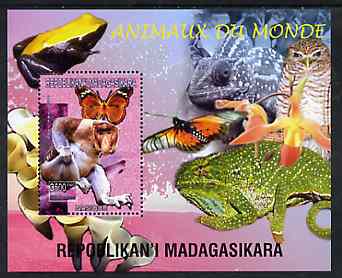 Madagascar 1999 Animals of the World #03 perf m/sheet showing Baboon, background shows Frog, Owl, Butterfly, Chameleon & Orchid, unmounted mint, stamps on , stamps on  stamps on flowers, stamps on  stamps on orchids, stamps on  stamps on animals, stamps on  stamps on apes, stamps on  stamps on frogs, stamps on  stamps on owls, stamps on  stamps on prey, stamps on  stamps on butterflies, stamps on  stamps on chameleons, stamps on  stamps on birds of prey