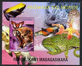 Madagascar 1999 Animals of the World #02 perf m/sheet showing Lemur #1, background shows Frog, Owl, Butterfly, Chameleon & Orchid, unmounted mint, stamps on , stamps on  stamps on flowers, stamps on  stamps on orchids, stamps on  stamps on animals, stamps on  stamps on apes, stamps on  stamps on frogs, stamps on  stamps on owls, stamps on  stamps on prey, stamps on  stamps on butterflies, stamps on  stamps on chameleons, stamps on  stamps on birds of prey