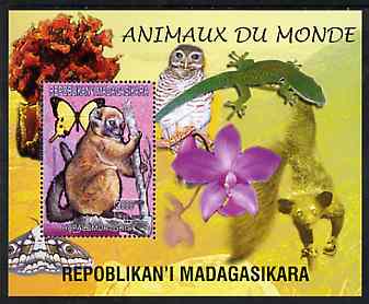 Madagascar 1999 Animals of the World #09 perf m/sheet showing Lemur #3, background shows Owl, Butterfly, Lizard & Orchid, unmounted mint, stamps on flowers, stamps on orchids, stamps on animals, stamps on apes, stamps on owls, stamps on prey, stamps on butterflies, stamps on lizards, stamps on birds of prey, stamps on reptiles