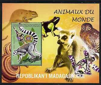 Madagascar 1999 Animals of the World #10 perf m/sheet showing Lemur #4 with Lions Int Logo, background shows Owl, Fungi, Frog & Orchid, unmounted mint, stamps on flowers, stamps on orchids, stamps on animals, stamps on apes, stamps on owls, stamps on prey, stamps on birds of prey, stamps on fungi, stamps on lions int