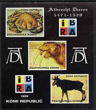 Komi Republic 1999 Albrecht Durer imperf sheetlet containing set of 3 values complete with IBRA imprint, unmounted mint (Drawings of Crab, Walrus & Elk), stamps on , stamps on  stamps on stamp exhibitions, stamps on  stamps on durer, stamps on  stamps on crabs, stamps on  stamps on marine life, stamps on  stamps on animals