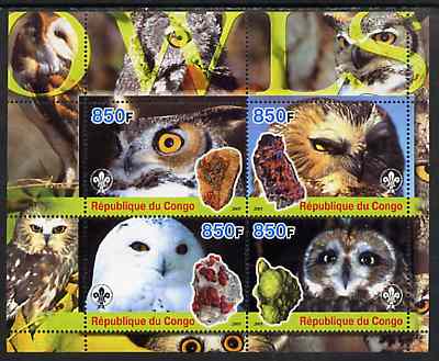 Congo 2005 Owls & Minerals perf sheetlet containing 4 values (each with Scout Logo) unmounted mint, stamps on birds of prey, stamps on owls, stamps on minerals, stamps on scouts