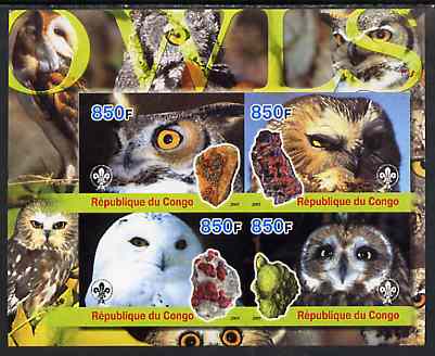 Congo 2005 Owls & Minerals imperf sheetlet containing 4 values (each with Scout Logo) unmounted mint, stamps on birds of prey, stamps on owls, stamps on minerals, stamps on scouts