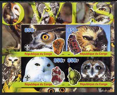 Congo 2005 Owls & Minerals imperf sheetlet containing 4 values (each with Scout Logo) unmounted mint, stamps on , stamps on  stamps on birds of prey, stamps on  stamps on owls, stamps on  stamps on minerals, stamps on  stamps on scouts