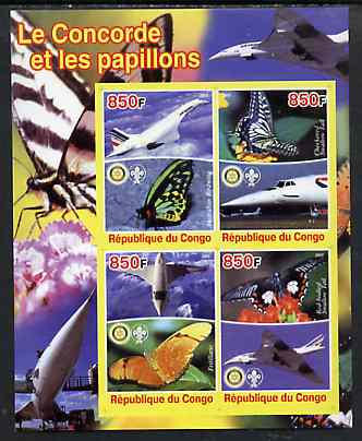 Congo 2005 Concorde & Butterflies imperf sheetlet containing 4 values (each with Scout & Rotary Logos) unmounted mint, stamps on , stamps on  stamps on concorde, stamps on  stamps on aviation, stamps on  stamps on butterflies, stamps on  stamps on totary, stamps on  stamps on scouts