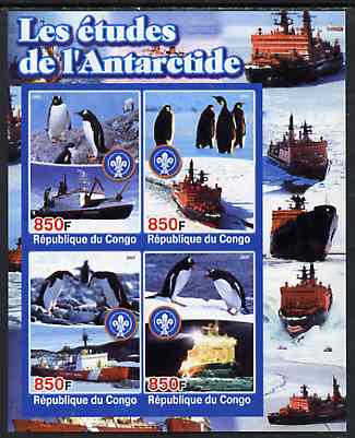 Congo 2005 Antarctic Research imperf sheetlet containing 4 values (each with Scouts Logo) unmounted mint, stamps on , stamps on  stamps on polar, stamps on  stamps on ships, stamps on  stamps on penguins, stamps on  stamps on birds, stamps on  stamps on science, stamps on  stamps on scouts