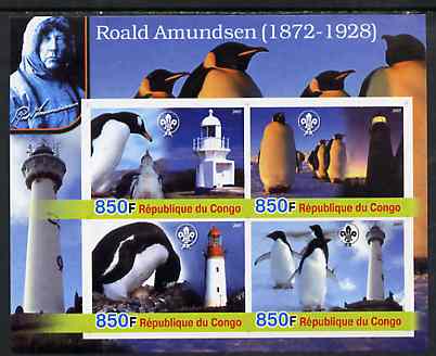 Congo 2005 Roald Amundsen Commemoration (Penguins & Lighthouses) imperf sheetlet containing 4 values (each with Scouts Logo) unmounted mint, stamps on , stamps on  stamps on polar, stamps on  stamps on penguins, stamps on  stamps on birds, stamps on  stamps on science, stamps on  stamps on scouts, stamps on  stamps on explorers, stamps on  stamps on lighthouses