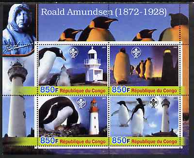 Congo 2005 Roald Amundsen Commemoration (Penguins & Lighthouses) perf sheetlet containing 4 values (each with Scouts Logo) unmounted mint, stamps on , stamps on  stamps on polar, stamps on  stamps on penguins, stamps on  stamps on birds, stamps on  stamps on science, stamps on  stamps on scouts, stamps on  stamps on explorers, stamps on  stamps on lighthouses